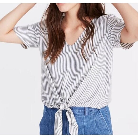 Madewell Blue And White Striped V Neck Tie Front‎ Short Sleeve Blouse Size XS - Picture 1 of 11